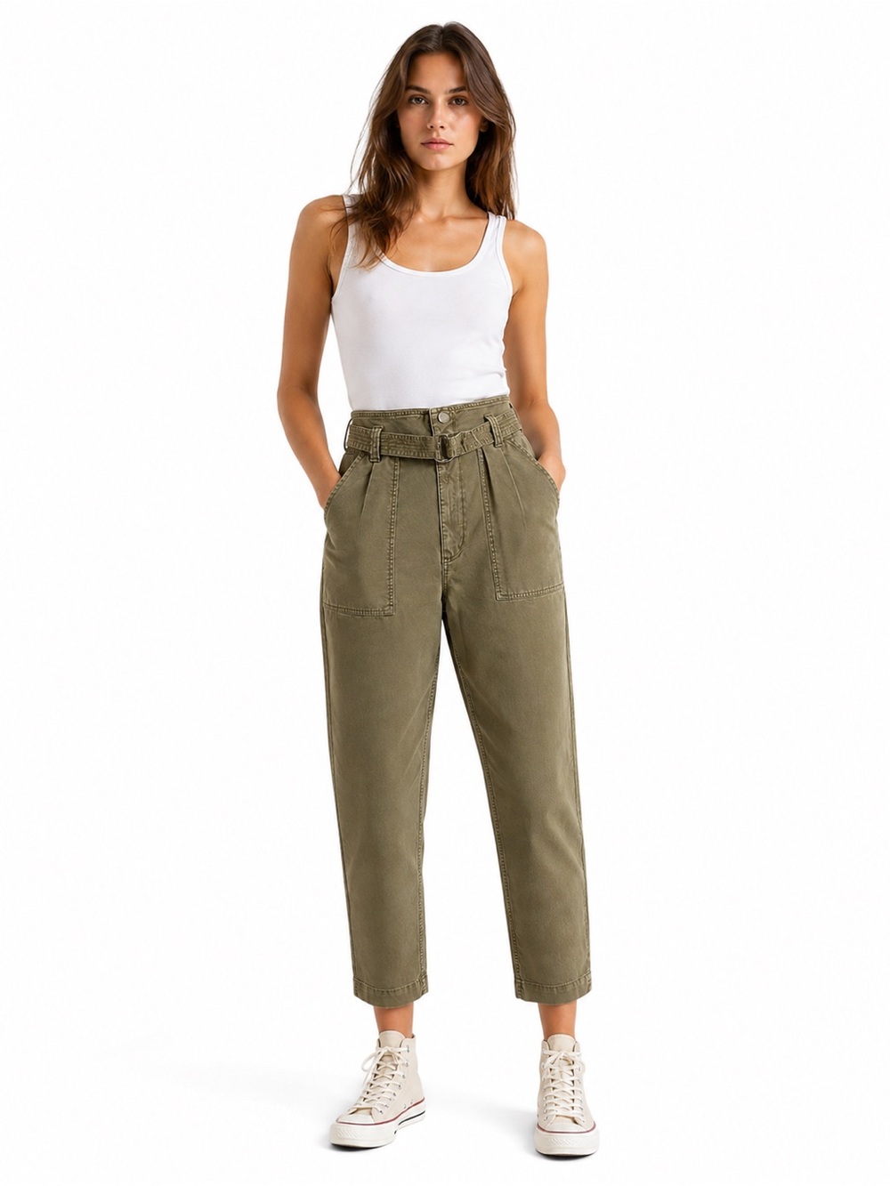 NWT Pistola Ari Paperbag Pant Kelp Green Utility Tapered Pants Size 30